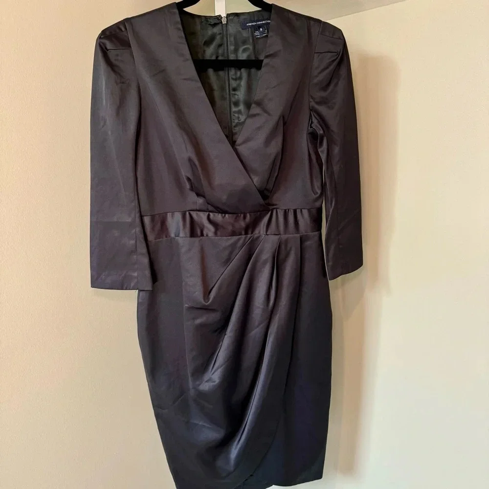 French‎ Connection Black Satiny Faux Wrap Dress 3/4 Slit Sleeve Size 8 N20